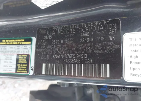 2015 Kia Cadenza Premium из США, поврежденный, VIN KNALN4D76F5194913